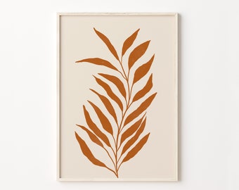 Leaves Drawing, Burnt Orange Print, Downloadable Art, Boho Minimalist Art, Earth Tones Wall Art, Neutral Botanical, Botanical Poster