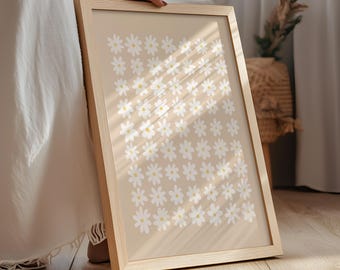 Arte murale scaricabile con margherite neutre, stampa artistica con fiori beige e bianchi, grazioso arredamento eclettico per appartamenti, arte stampabile con margherite / 1389