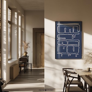 Minimalistische abstrakte Linien Navy druckbare Wandkunst, gedämpfte blaue moderne Wohnzimmer-Wanddekor, moderne und trendige Loft Art Poster | 1064