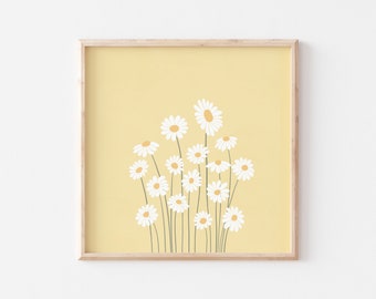 Lámina de margaritas, arte danés para pared en amarillo pastel, decoración primaveral con dopamina, descarga digital / 1308