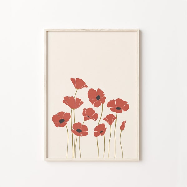 Poppy Printable, Red Poppy Print, Instant Download, Floral Illustration, Earth Tones Print, Flower Art Print, Flowers Poster, Flowers Décor