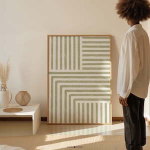 Impresión descargable de líneas abstractas en verde salvia, póster de pared geométrico en verde apagado, arte de pared de líneas geométricas de estilo moderno de mediados de siglo / 1058
