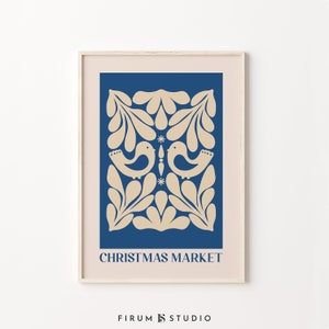 Christmas Wall Art, Blue Christmas Art, Digital Download, Christmas Market Art, Modern Christmas, Folk Wall Art, Maximalist Holiday