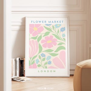 Arte imprimible del mercado de flores de Londres en tonos pastel danés, decoración de habitación en tonos pastel, arte de pared para dormitorio en rosa y verde, impresión de arte floral abstracto / 1352