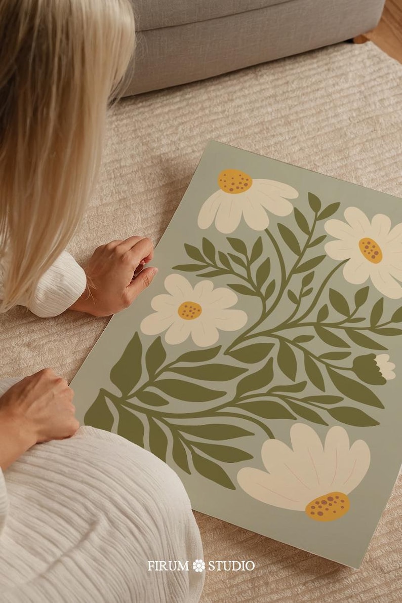 Sage green daisies printable wall art featuring soft floral elements in a muted green palette. This digital artwork blends modern botanical aesthetics with minimalist decor, perfect for living rooms, bedrooms, and stylish apartments. Available as a high-resolution digital download for instant printing