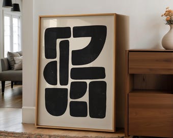 Impression géométrique beige noir, décoration murale loft nordique, oeuvre d'art abstraite du milieu du siècle, téléchargement numérique | 1146