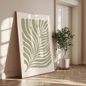 Sage Green Abstrakter botanischer Druck, großes abstraktes Bio-Wandposter, gedämpftes grünes Salbeigrün Japandi Wohnungsdekor | 1021