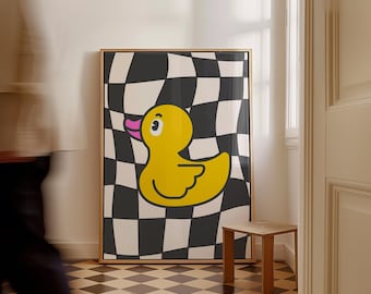 May include: A yellow rubber duck with a pink beak and eyes is on a black and white checkered background. The background is wavy and distorted.
