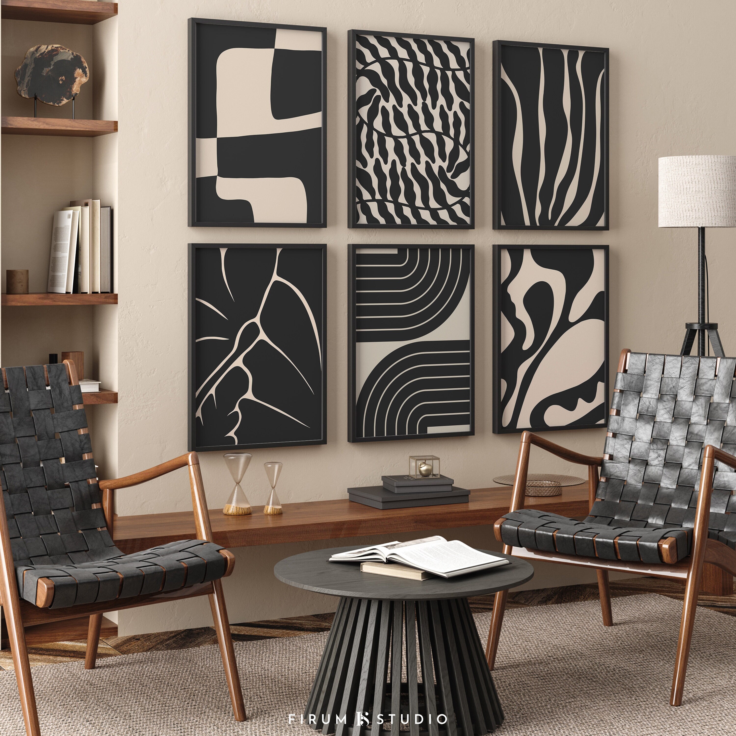 Modern Black Wall Art Set of 6 - Mid Century Moody Botanical Gallery ...