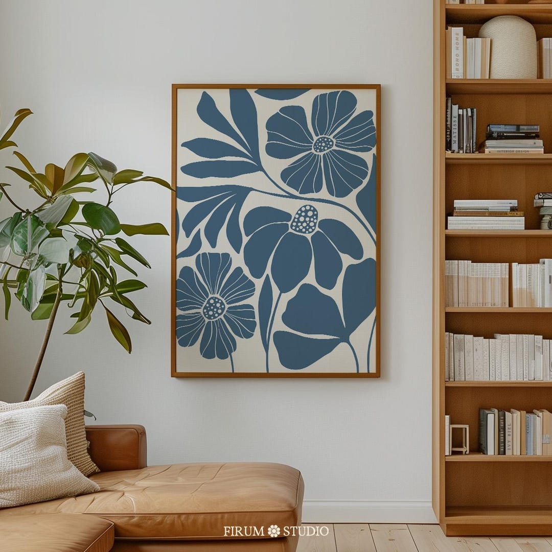 Blue Abstract Floral Wall Art Printable - Mid Century Botanical