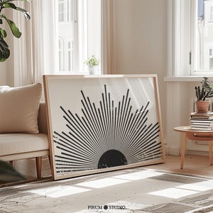 Stampa artistica scaricabile orizzontale con raggio di sole in bianco e nero, arte murale Mid Century Rising Sun, arredamento moderno e minimalista per soggiorno / 1175