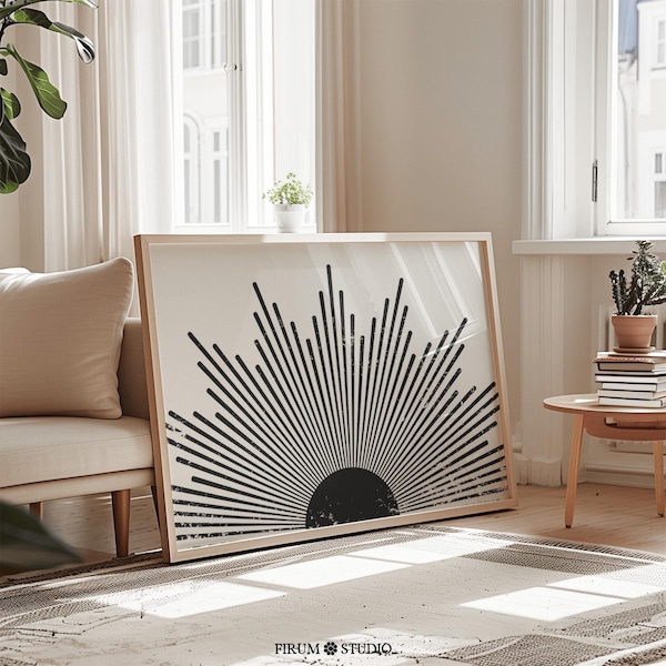 Black and White Sunburst Art Print, Mid Century Modern Decor, Digital Download  | 1175