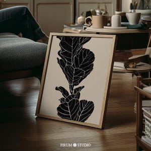 Black and Beige Fig Plant Leaves Downloadable Print, Moody Botanical Poster, Modern Living Room Decor, Plant Lover Wall Art | 1235