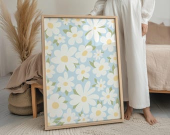 Sky Blue Daisy Print, Boho Floral Art, Spring Pastel Apartment Decor, Digital Download | 1010