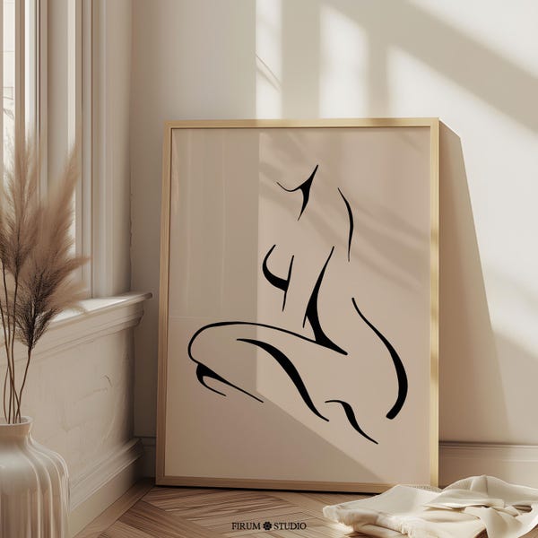 Woman Body Line Art Print, Beige Minimalist Decor, Digital Download | 1086