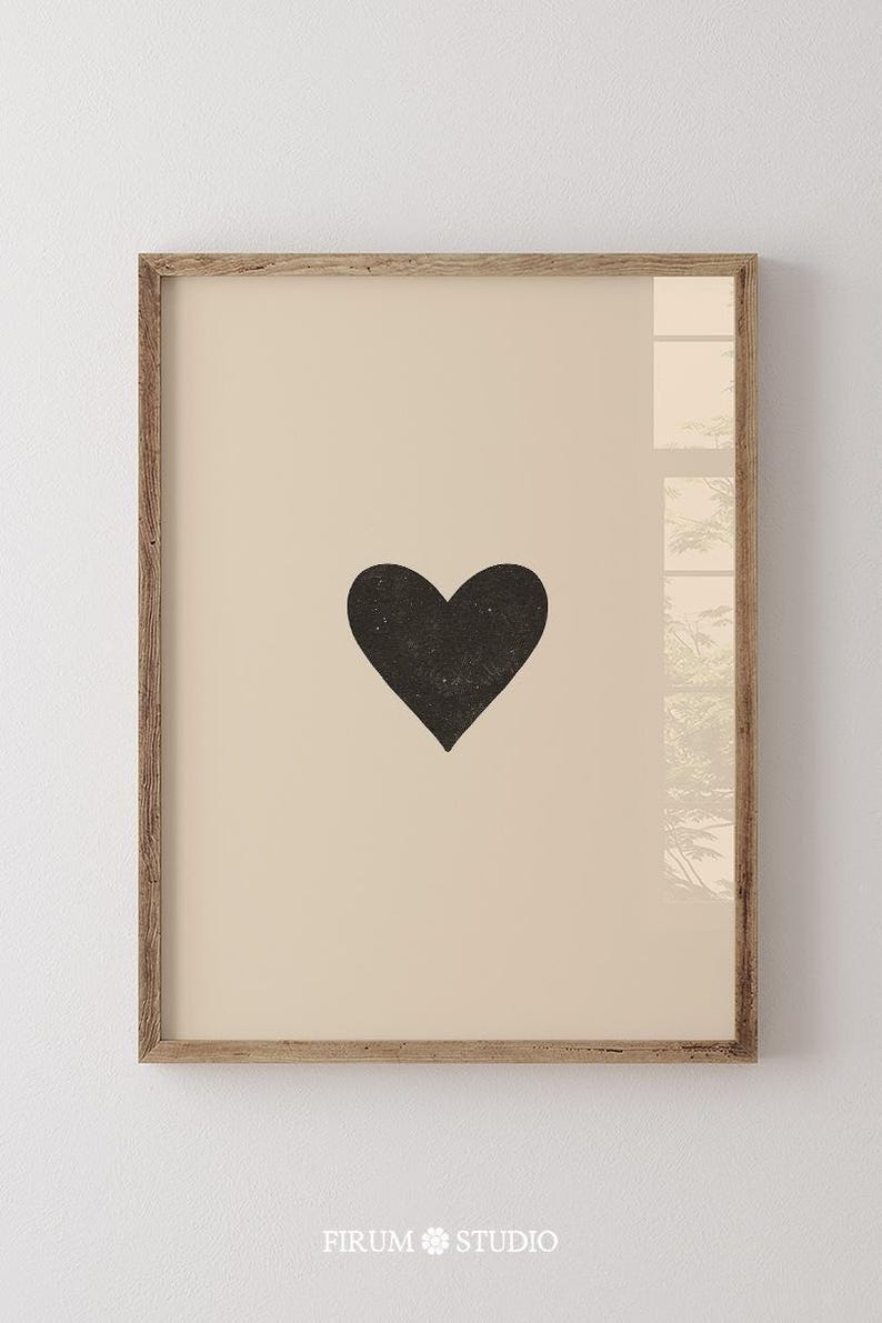 Minimalist Heart Beige and Black Downloadable Print, modern room decor. Neutral aesthetic printable wall art for bedroom or living room, minimalist digital poster. Includes printing guide