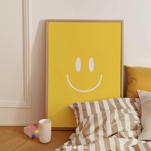 Bright Yellow Smiley Face Printable Wall Art, Retro Aesthetic Poster, Eclectic Apartment Wall Decor, Minimalist Modern Colourful Art | 1281