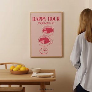 Happy Hour Margaritas Printable Pink Bar Wall Decor, kobiecy plakat artystyczny na wózek barowy, modne drinki Wall Art, wydruk artystyczny na koktajle | 0555