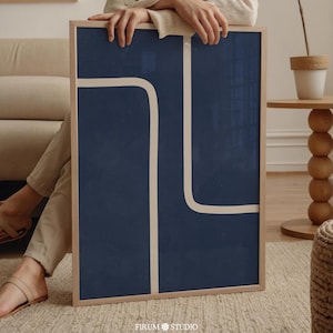 Arte de parede para impressão com linhas minimalistas azul-marinho, moderno de meados do século, pôster abstrato de linhas minimalistas, decoração de parede azul escuro suave | 1065