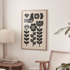 Norwegian Folk Art Print, Beige Black Scandinavian Decor, Digital Download | 1212