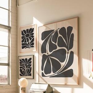 Black Beige Set of 3 Abstract Botanical Downloadable Gallery Wall, Moody Print Set, Mid Century Modern Living Room Wall Prints | 2105