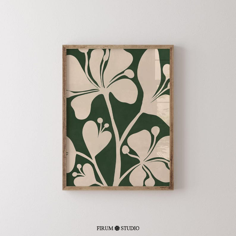 Dark green botanical wall art featuring an abstract floral design in rich moody tones. This printable artwork blends modern minimalism with an eclectic aesthetic, perfect for contemporary apartments, living rooms, and gallery walls. Available as a high-resolution digital download for instant printing