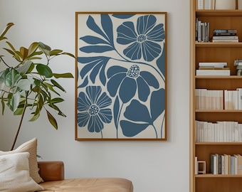 Blue Abstract Floral Wall Art Printable - Mid Century Botanical Design, Modern Scandinavian Decor | 1748