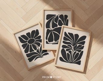 Abstract Botanical Art Print Set, Black & Beige Mid-Century Modern, Digital Download | 2105