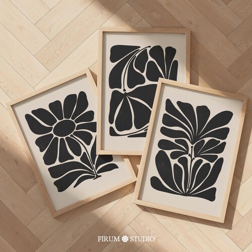 Abstract Botanical Art Print Set, Black & Beige Mid-Century Modern, Digital Download | 2105