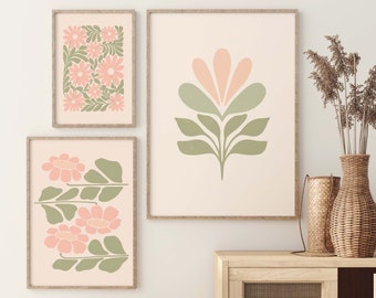 Sage Green Peach Art, Wall Art Set of 3, Pastel Wall Decor, Digital Prints, Boho Botanical Set, Danish Pastel Prints, Abstract Botanical