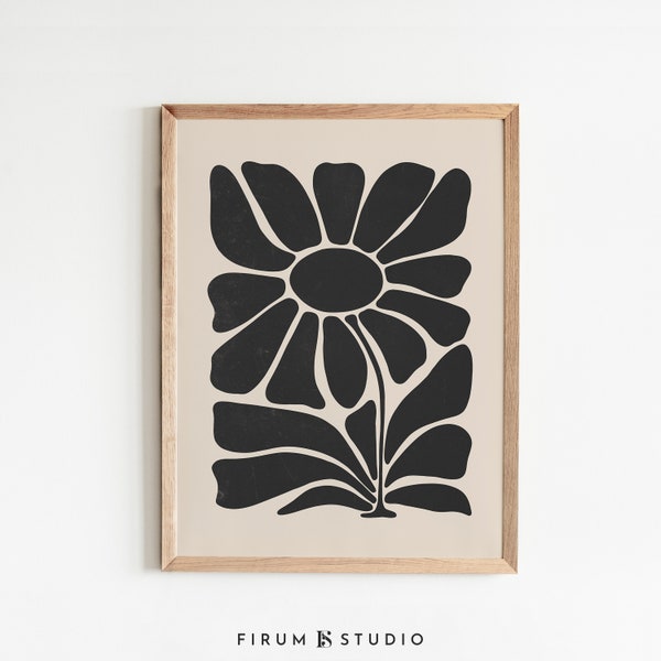 Flower Art Print, Black and Beige Art, Large Abstract Print, Organic Shapes, Mid Century Modern, Printable Wall Art, Modern Nordic Print