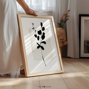 Arte murale stampabile botanica astratta beige e nera, poster minimalista, grande stampa astratta, illustrazione floreale con stampa beige crema / 1252