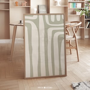Arte de parede para impressão com pinceladas abstratas verde-sálvia, arte de linhas minimalistas abstratas modernas, impressão verde-sálvia, minimalista orgânico | 1122