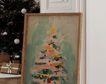 Arte de árbol de Navidad bohemio: decoración de pared vintage en verde pastel para hogares festivos / Impresión navideña colorida para un ambiente navideño acogedor / 1692