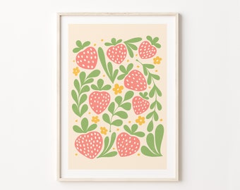 Strawberries Decor, Fruit Market Print, Summer Fruits Decor, Digital Print, Bright Colorful Art, Summer Wall Art, Boho Printable Art, 1617
