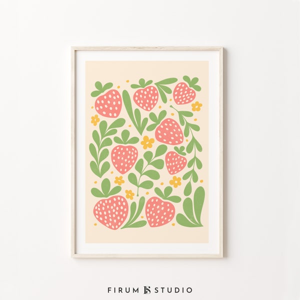 Strawberries Decor, Fruit Market Print, Summer Fruits Decor, Digital Print, Bright Colorful Art, Summer Wall Art, Boho Printable Art, 1617