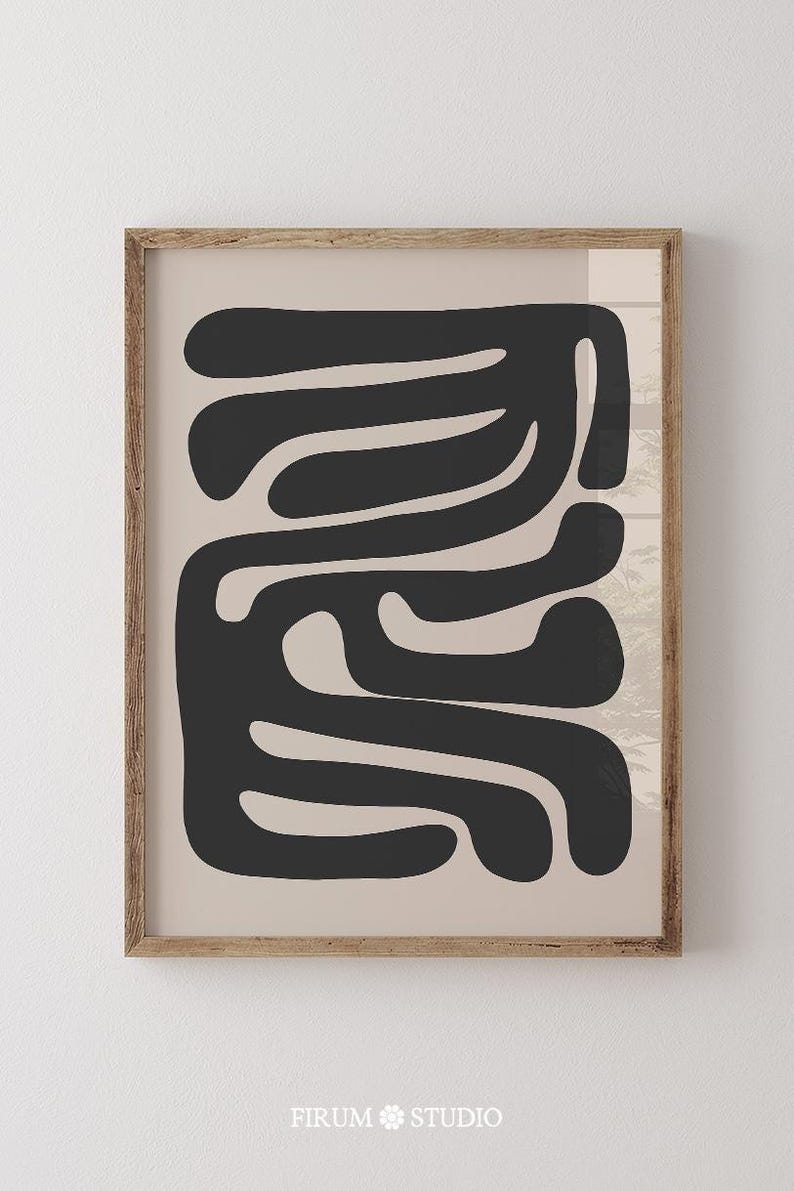 Beige and black abstract mid-century modern wall art featuring organic geometric shapes. This printable artwork blends minimalist aesthetics with neutral tones, perfect for contemporary living rooms, bedrooms, and offices. Available as a high-resolution digital download for instant printing
