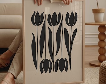 Estampado de tulipanes neutros, arte mural botánico moderno, descarga digital floral beige / 1591
