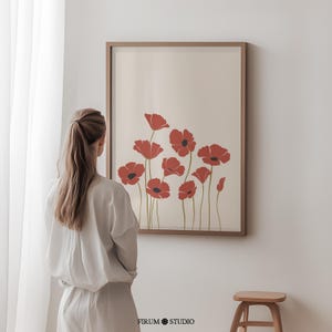 Arte de pared imprimible de amapolas rojas, ilustración de flores silvestres, impresión en tonos tierra, impresión de arte floral de verano, decoración de pared de floristería ecléctica / 1039