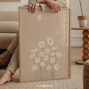 Cream Printable Daisy Wall Art, Flower Art Print, Boho Printable, Neutral Wall Art, White Beige Floral Illustration Daisy Wall Art | 1038