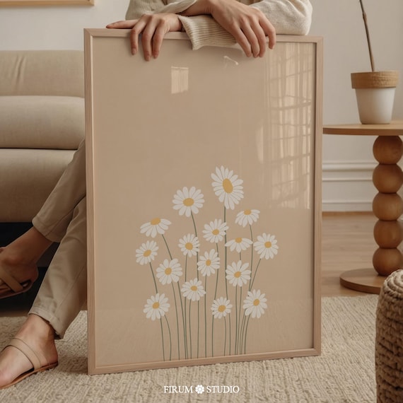 Cream Printable Daisy Wall Art, Flower Art Print, Boho Printable, Neutral Wall Art, White Beige Floral Illustration Daisy Wall Art | 1038