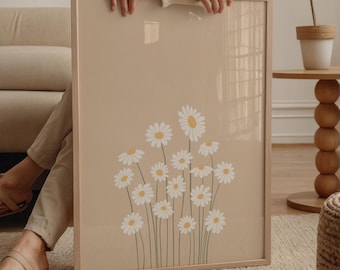 Arte de parede imprimível com margaridas em tons creme, impressão de arte floral, estilo boho, arte de parede neutra, decoração floral em branco e bege | 1038
