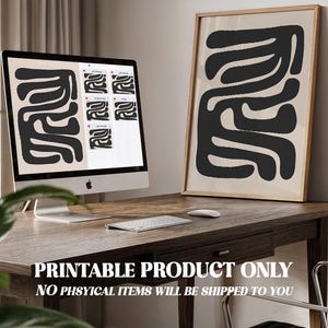 Beige and black abstract mid-century modern wall art featuring organic geometric shapes. This printable artwork blends minimalist aesthetics with neutral tones, perfect for contemporary living rooms, bedrooms, and offices. Available as a high-resolution digital download for instant printing