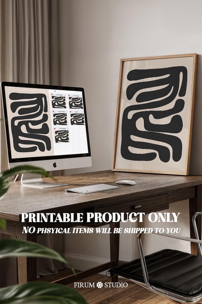 Beige and black abstract mid-century modern wall art featuring organic geometric shapes. This printable artwork blends minimalist aesthetics with neutral tones, perfect for contemporary living rooms, bedrooms, and offices. Available as a high-resolution digital download for instant printing