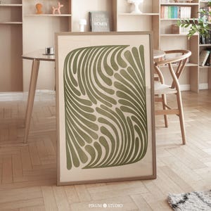 Impresión descargable abstracta botánica en verde apagado, arte mural verde salvia de plantas abstractas de mediados de siglo, póster estético contemporáneo / 0719