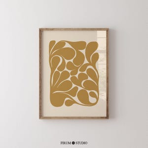 Abstract botanical art print in muted yellow ochre tones, perfect for modern home decor. This chic, downloadable art adds warmth to any space, ideal for those seeking minimalist and trendy wall decor