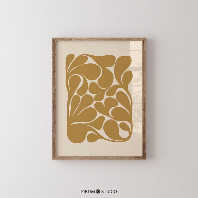 Abstract botanical art print in muted yellow ochre tones, perfect for modern home decor. This chic, downloadable art adds warmth to any space, ideal for those seeking minimalist and trendy wall decor