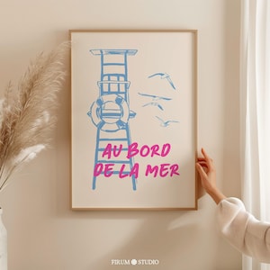 Arte de pared imprimible en rosa y azul de Au Bord de la Mer, impresión de pared costera de moda, póster de verano minimalista, decoración de pared de casa de playa / 0560