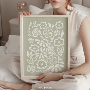Sage Green Abstract Floral Downloadable Art, Naive Lines Botanical Wall Art, Muted Green Aesthetic Decor, Spring Farmhouse Home Decor | 1018