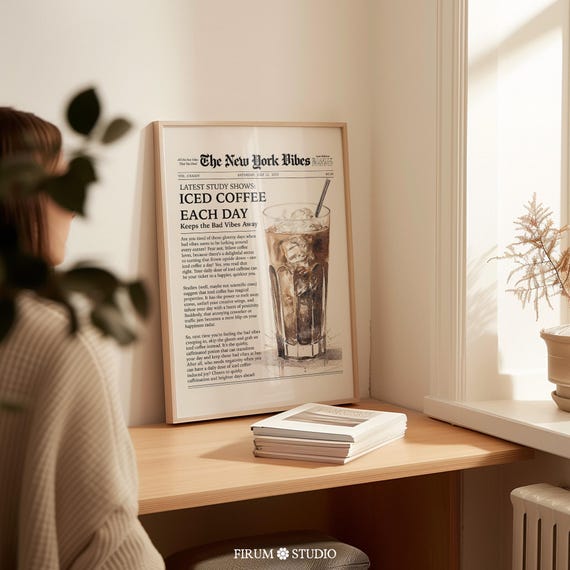 Iced Coffee Newspaper Wall Art Downloadable Print - Downtown Girl Indie Apartment Decor | 0934